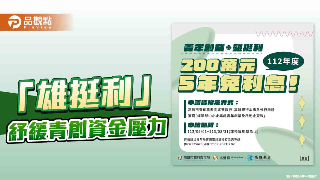 減緩青創貸款利息壓力  高市青年局再推「雄挺利」