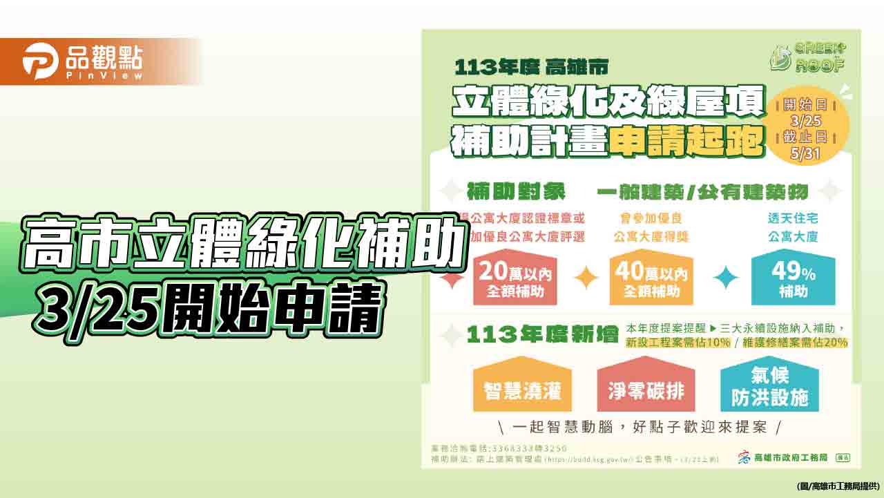 高市立體綠化補助3/25開始申請  最高補助80萬