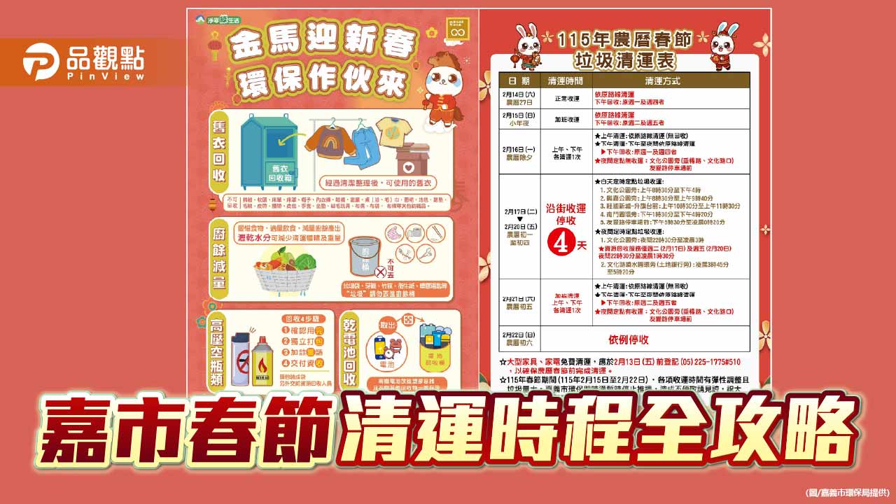嘉市公布春節垃圾清運時程  初一至初四停收垃圾