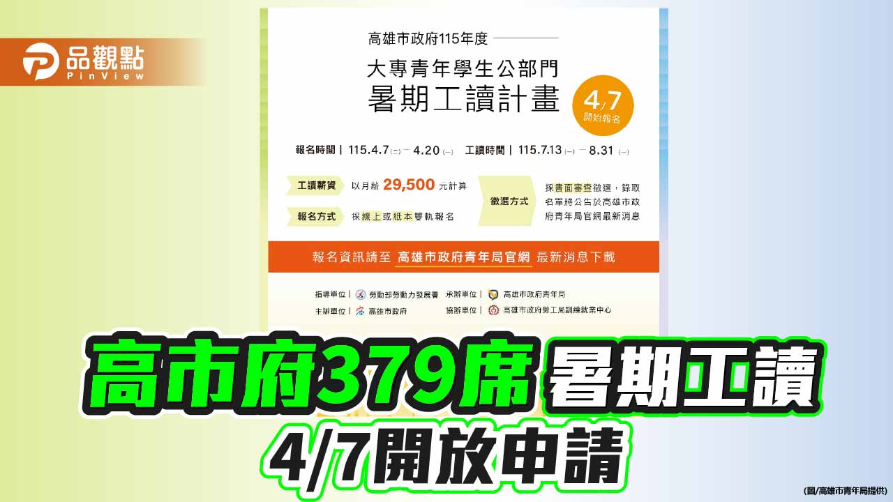 高市府暑期工讀釋出379職缺　雙軌報名上路再推短影音競賽